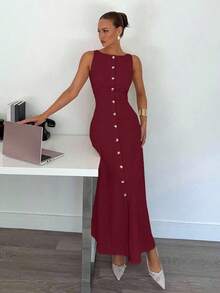 Vestido de algodón con rayas de color azul claro elegante, vestido maxi sin mangas de verano elegante para mujeres, conjunto de vestidos ajustados con botones delanteros sexy, ropa de trabajo retro y elegante, vestido largo cómodo y transpirable para vacaciones - Burdeos - Ver 3