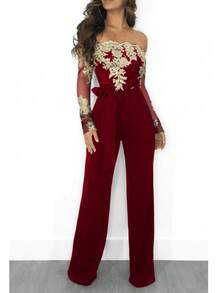 SJ3227 Women's Casual Water-Soluble Lace Off-Shoulder Wide-Leg Jumpsuit 7 Colors - 藍色 - 查看 10