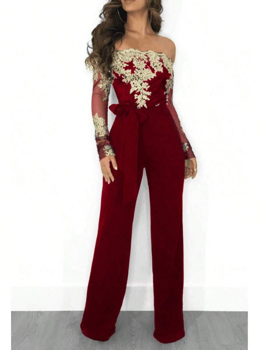 SJ3227 Women's Casual Water-Soluble Lace Off-Shoulder Wide-Leg Jumpsuit 7 Colors - 酒紅色金邊 - 查看 1