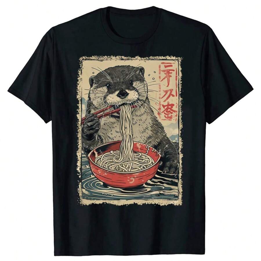 Funny Anime Otter Eating Ramen Graphic Tees, Casual Women's T-Shirt, Y2K Personality Aesthetic Summer Clothing - 黑色 - 查看 1