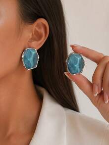 1 đôi bông tai đinh nhựa mắt hổ bất đối xứng phong cách retro thời trang, bông tai tinh tế sang trọng cho nữ - Màu xanh hải quân - Xem 16