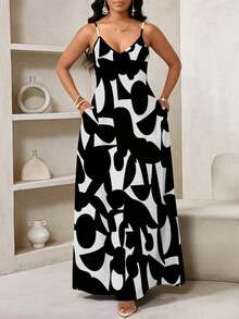 Lady Vestido de tirantes largo con estampado geométrico, apto para uso casual diario - Multicolor 5 - Ver 6
