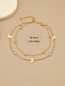 1pc Fashionable Smooth Butterfly Double-Layer Stainless Steel Anklet/Bracelet, Stainless Steel Jewelry, Gold Jewelry, Women's Summer Jewelry, Beach, Holiday Jewelry, Charm, Western Jewelry, Women's Beach Accessories, Gift, Birthday Gift - Yellow Gold - View 5
