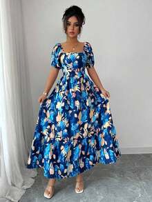 Women's Dress With Petal Sleeve Design, Square Neck And Fitted Waist With Print - 酒紅色 - 查看 5