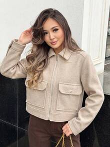 Chaqueta de tweed suave de color rosa arroz con cremallera frontal, doble bolsillo y cuello de solapa para mujer. Abrigo casual de otoño e invierno para uso diario - Beige - Ver 2