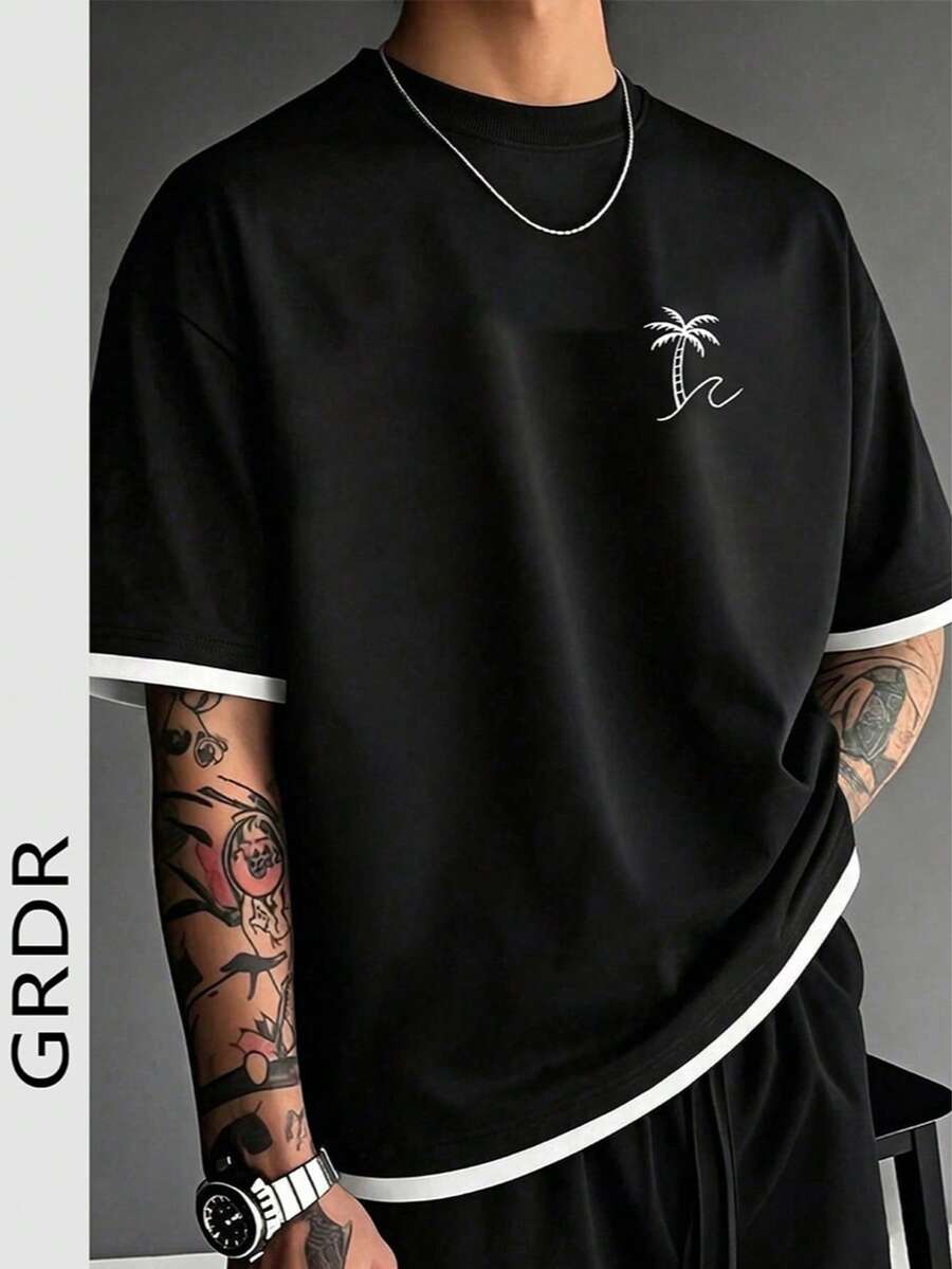 Áo thun nam GRDR cổ tròn tay ngắn 2 trong 1 cổ điển, thời trang tối giản, đa năng cho công sở. - màu đen - Xem 1