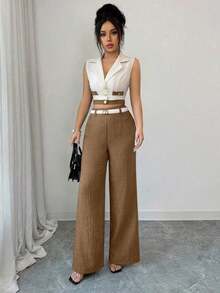 Conjunto de corto sin mangas de color contrastante y pantalones rectos elegantes de estilo de oficina para mujer, atuendo profesional de oficina, vestimenta de maestra, ropa para ir y venir y uso casual - Caqui - Ver 4