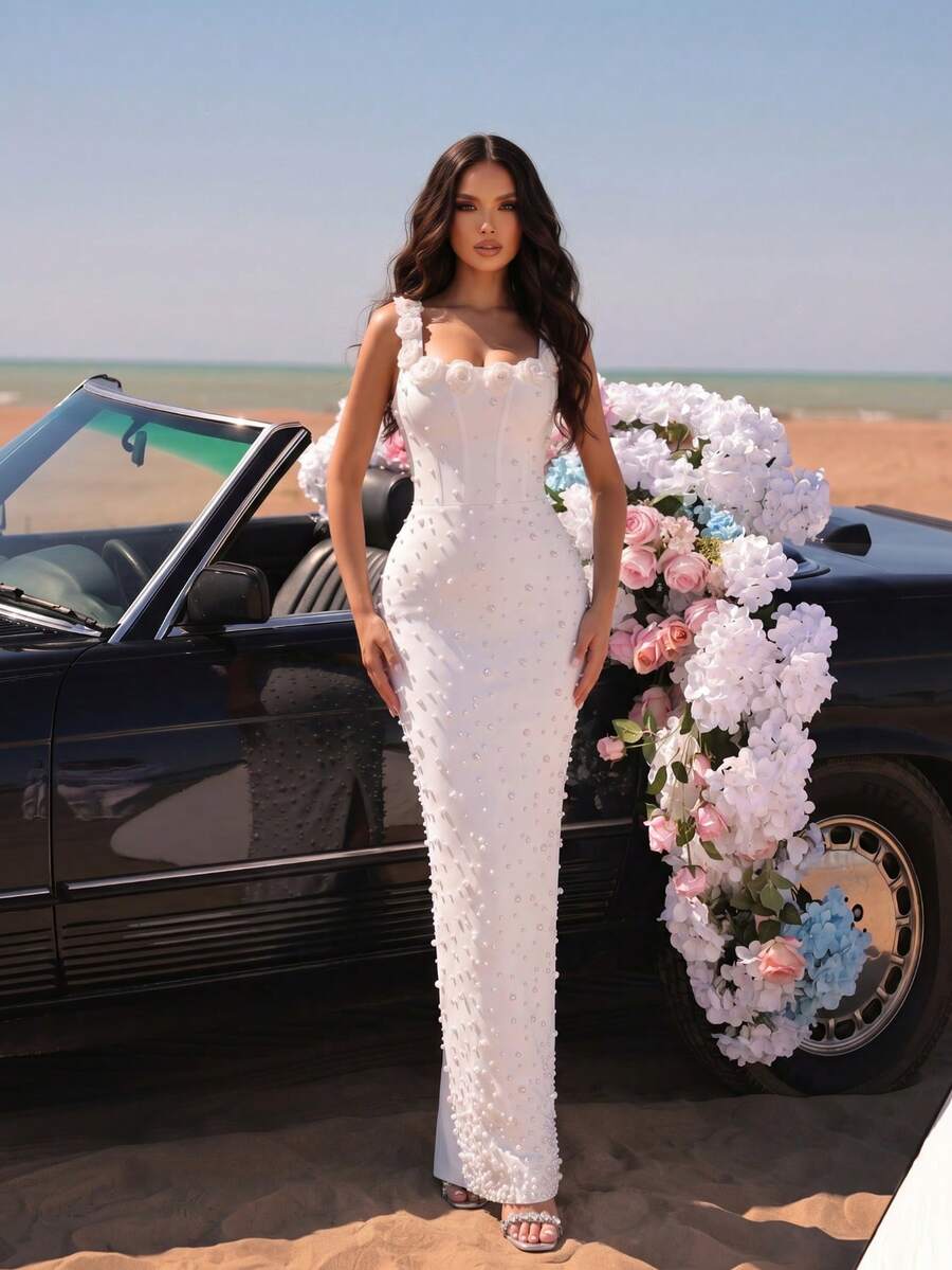 Modphy Đầm trễ vai tay dài đính ngọc trai giả cao cấp mới với trang trí lông vũ giả, phong cách băng quấn quyến rũ, cho đám cưới, khách mời, tiệc, màu trắng - trắng - Xem 1