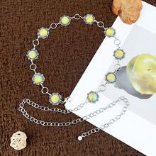 1pc Embellished Gemstone Carved Metal Waist Chain, Suitable For Dresses And Skirts, Bohemian Style - Yellow - View 4