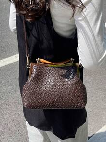 Women's PU Leather Crossbody Bag With Round Polka Dots, Vintage Style Handbag With Buckle Closure And Adjustable Shoulder Strap, Solid Color And Lightweight City Tote Bag - 酒紅色 - 查看 4
