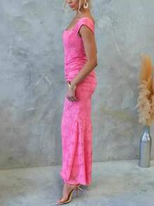 Vestido largo hombros descubiertos sin mangas liso elegante vestido fiesta estilo europeo - Rojo - Ver 3