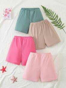 4pcs Girls Casual Shorts, Thin Fabric, Decorative Drawstring, Suitable For Girls & Boys Aged 4-12, Summer - Multicolor - View 2
