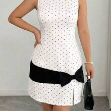 guangzhougaolangshangmao  Vestido mini de punto de línea A con contraste de lunares y lazo, elegante y sin mangas, para mujer de talla grande, primavera/verano - Multicolor - Ver 4