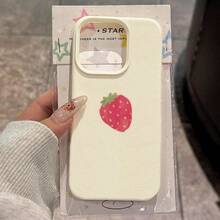 1 pieza Funda de teléfono con diseño de fresa pintado a mano de material TPU, minimalista, compatible con iPhone 17 Pro Max/17/16 Pro Max/15/13/12/11, S20 FE/A15/S24/A55, Note 11/12/13 Pro, protección corporal completa a prueba de golpes y suave - Blanco - Ver 2