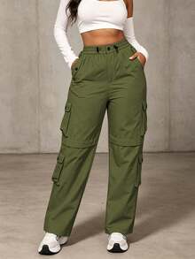 Women's Stylish Long Cargo Pants With Pockets And Button Zipper Details, Casual Woven Fabric Trousers For Fall And Winter Fashion, Non-Stretch - 軍綠色 - 查看 4