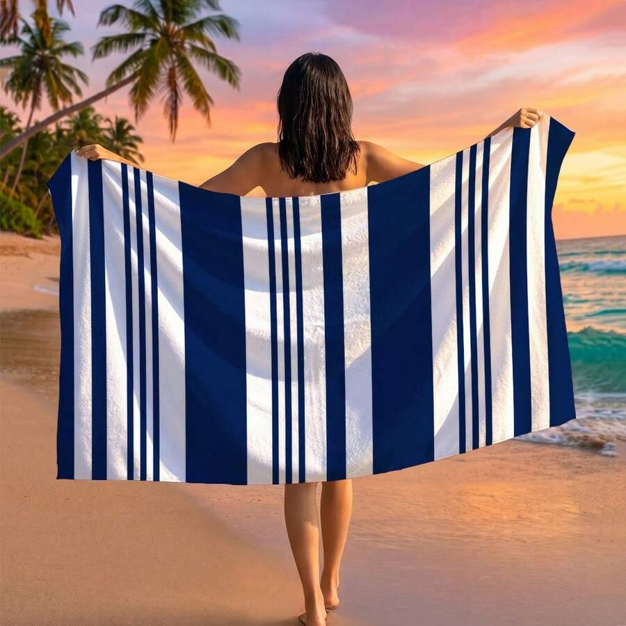 1 pieza Toalla de playa con estampado de rayas azules, adecuada para viajes, campamento al aire libre, playa, natación, vacaciones en la playa - A - Ver 1