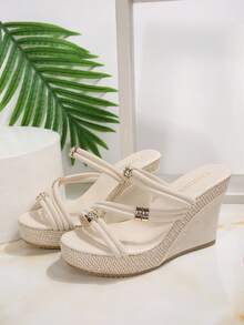 Women's Rhinestone Decor Wedge Sandals, Woven Trim Open Toe Slip-On Wedge Sandals, Summer Slide Wedge Sandals Suitable For Vacation - Beige - View 6