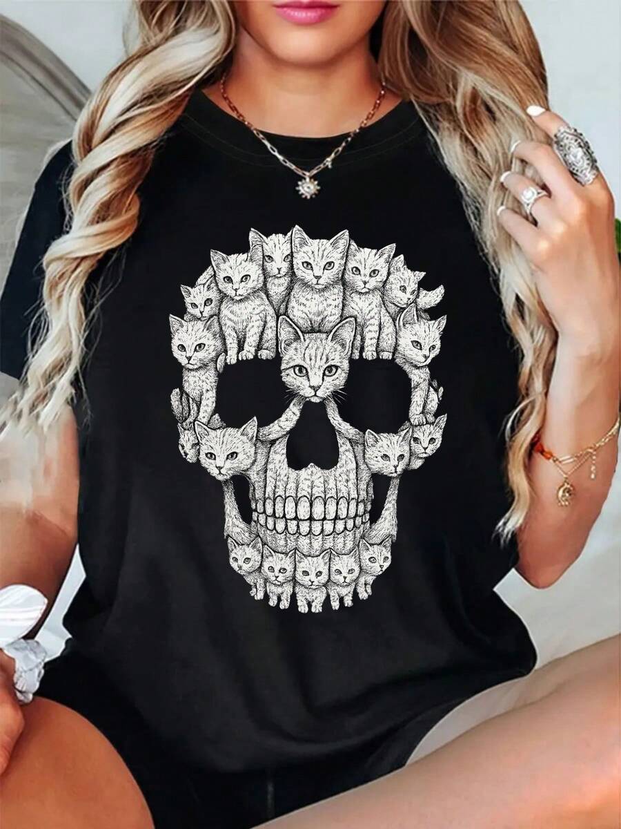 Women's T-Shirt With Gothic Cat And Feline Skeleton Print With Celtic Knot - Round Neck Short Sleeve, Multi-Sided Black And White Gothic Top - 白色 - 查看 1