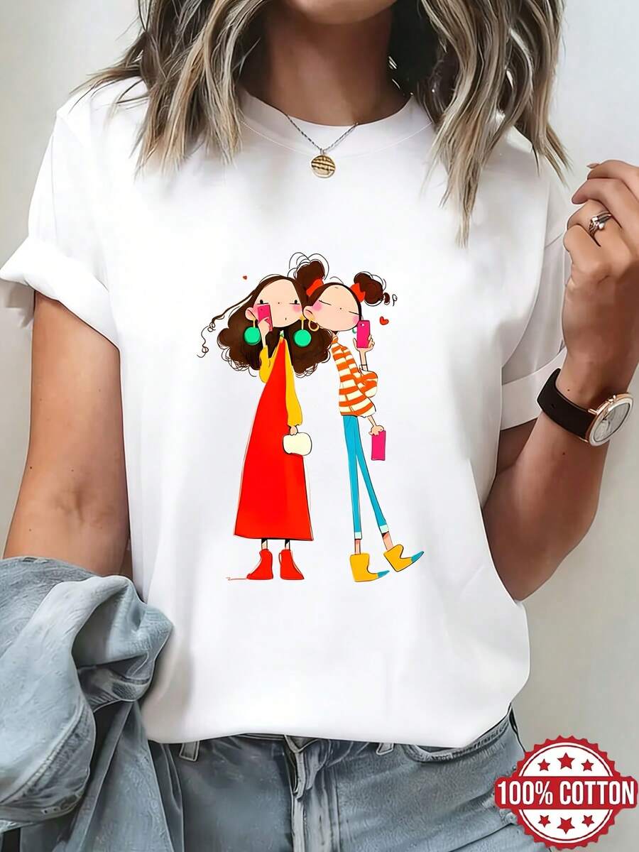 Women's T-Shirt With Selfie Sister Print, Friends Set, Short Sleeve, 100% Cotton, Round Neck, Summer Top, Breathable Spring/Summer/Autumn T-Shirt, Suitable For Casual Wear, Pure Women's Short Sleeve Round Neck T-Shirt - 白色的 - 查看 1