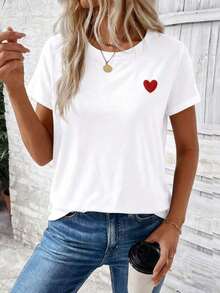 New Casual Short-Sleeve T-Shirt With Round Neck And Heart Print For Women, Spring/Summer Collection, Very Fashionable, Breathable And Comfortable - Blanc - View 4