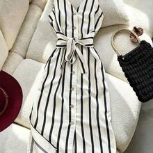 Vestido midi de mujer de un solo pecho con cinturón y rayas, elegante y de moda - Blanco y Negro - Ver 2