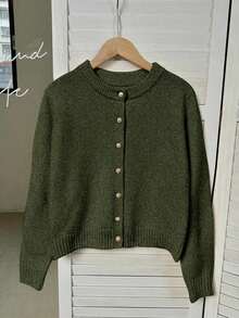 Cárdigan elegante y minimalista de cuello redondo, manga larga y un solo botonadura para mujeres, para otoño e invierno, tops de manga larga - Verde militar - Ver 3