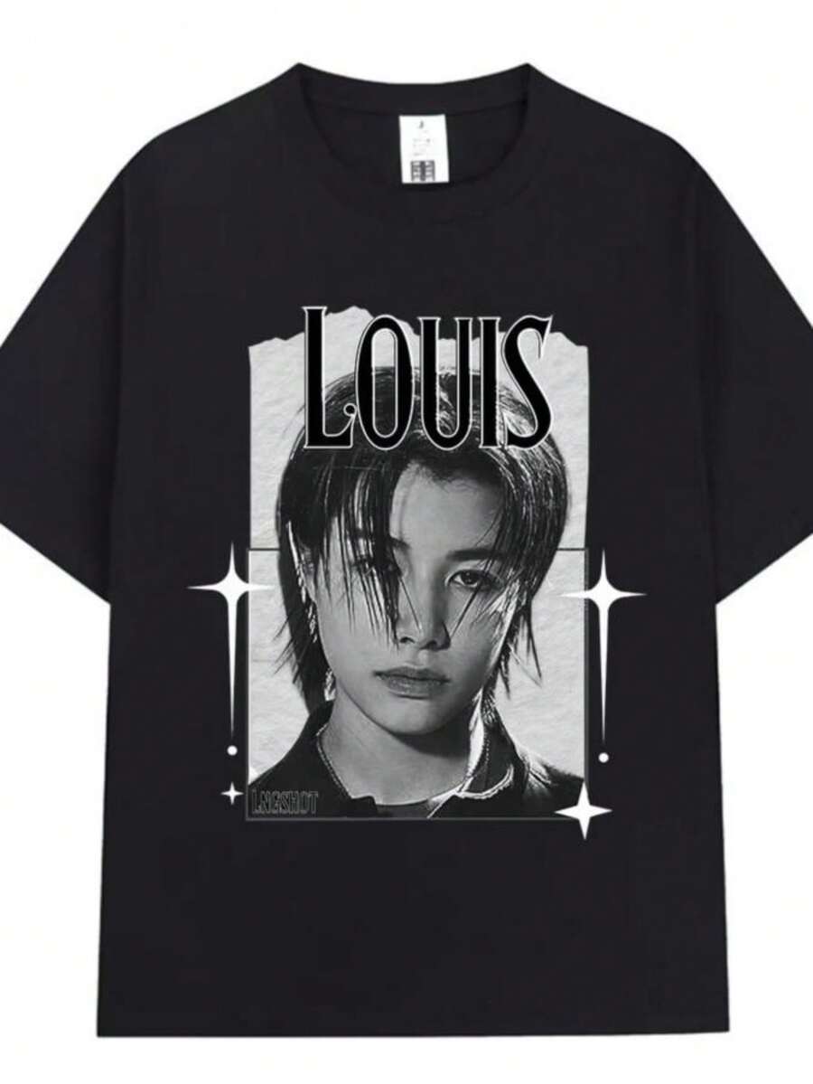 playeras de mujer Korean Kpops Hip Hop Group Lngshot LOUIS T Shirt Men's Women Clothing Fashion pure Cotton Casual Short Sleeve T-shirts Tops - Negro - Ver 1