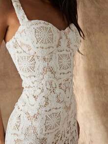 Vestido de fiesta elegante de mujer con tirantes finos y encaje floral, vestidos blancos de mujer, vestidos cortos de cumpleaños de mujer, ropa de verano para mujer - Blanco - Ver 6