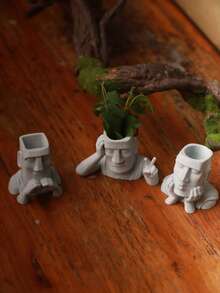 3pcs Mini Moai Statue, Cute Easter Island Head Figurine, Comfortable And Aesthetic Desktop Decor, Micro Landscape Aquarium Decoration, Retro Stone-Like Plastic Sculpture, Adorable Office Home Bookshelf Decor, DIY Fairy Garden Ornament, Creative Collectible Gift For Friends - Happy Aquarium - View 4