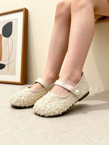 Zapatos planos tipo Mary Jane de tweed con lentejuelas para niñas, con correa de gancho y bucle de perla, suela blanda antideslizante, zapatos de princesa, adecuados para niñas de 3-10 años para uso diario, bodas y fiestas - Beis - Ver 3
