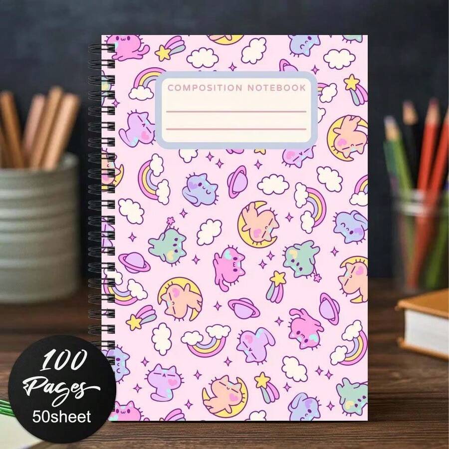 Interesting Spiral Composition Notebook/Journal - Cute Pink Cover With Rainbow, Stars, Planets And Cartoon Animals - Perfect For Diary, Daily To-Do List, Planner - Great Gift For Family, Friends, Coworkers, Notepad, Notebook And Diary - B - View 1