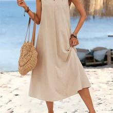 guangzhougaolangshangmao  Vestido largo de verano para mujer con cuello en V sin mangas y hebilla circular de unicolor. Vestidos de verano de algodón casuales sin mangas para mujer. Vestidos de verano casuales para mujer. Vestidos de verano para mujer. Vestidos casuales sin mangas de longitud midi de algodón para mujer. - Amarillo - Ver 4