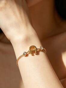 1pc Titanium Steel 18K Gold Round Diamond Horseshoe Bracelet, Fashionable Personalized Jewelry, Anti-Fading, Luxury Elegant Accessory - Single a - View 3