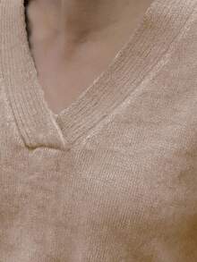Maglione a scollo a V, maniche lunghe, tinta unita, casual, a costine, per uso quotidiano - Fiore cachi - Visualizzare 3