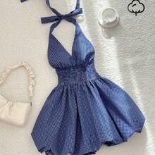 Vestido mini de moda para fiesta de citas con escote halter, lazo y drapeado a cuadros para mujer - Blanco y Negro - Ver 2