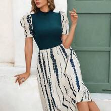Nana's Women's Clothing Store  Clasi Vestido midi de punto acanalado con cuello alto y estampado, mangas gigot para mujer, elegante para vacaciones y uso diario - Multicolor - Ver 8