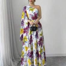 Nana's Women's Clothing Store  Vestido elegante con estampado floral teñido anudado, dobladillo irregular, sin mangas, hombro asimétrico, cintura fruncida, nuevo vestido de verano para vacaciones para mujeres - Rosa - Ver 1