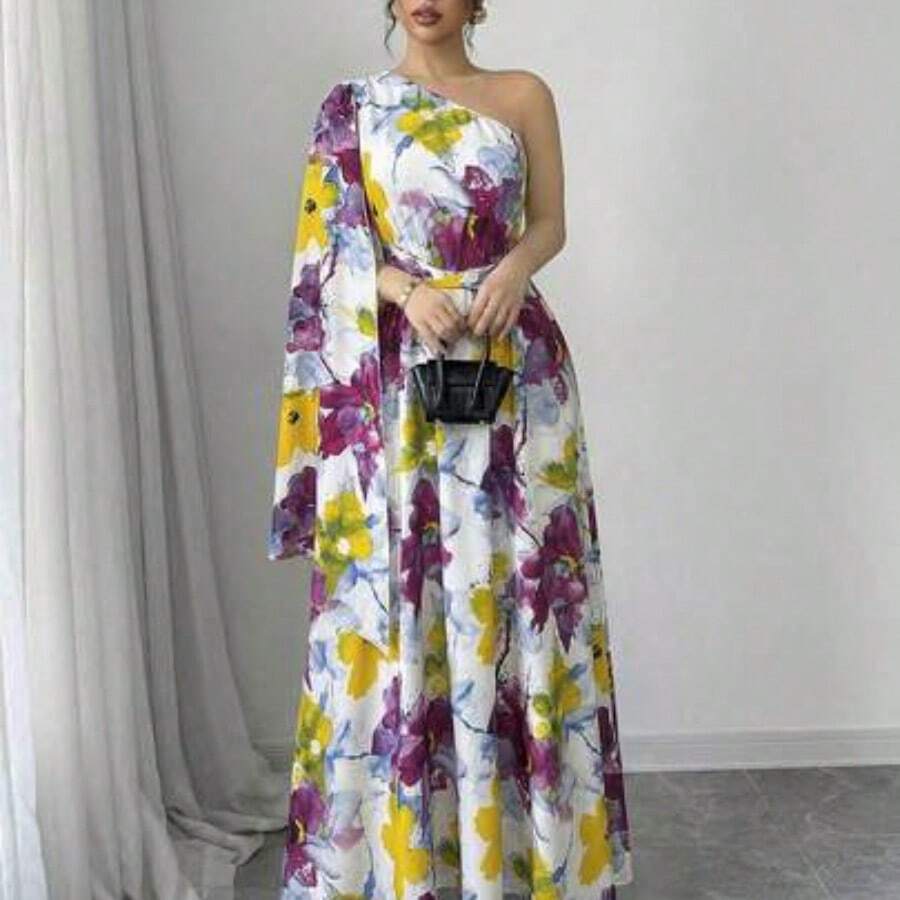 Nana's Women's Clothing Store  Vestido elegante con estampado floral teñido anudado, dobladillo irregular, sin mangas, hombro asimétrico, cintura fruncida, nuevo vestido de verano para vacaciones para mujeres - Rosa - Ver 1