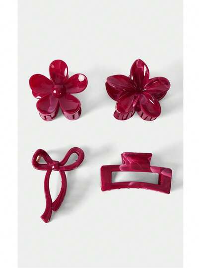 Noxbound 4pcs Bohemian Style Sweet Burgundy Bowknot Flower Square Hair Clips, Large Shark Claw Clips, Princess Messy Bun Accessories, Beach Vacation Party Hair Decor