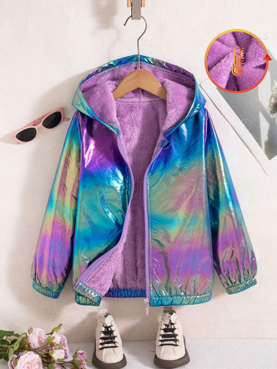 女童休闲纯色常规版型拉链连帽长袖外套棉质羽绒服,秋冬款 - 藍色 - 查看 1