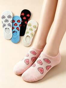 5 Pasang Kaos Kaki Dalaman Tak Terlihat Motif Cinta Musim Semi/Panas untuk Wanita, Silikon Anti Selip, Kaos Kaki Pendek, Lucu & Serbaguna untuk Sepatu - MultiWarna - View 2