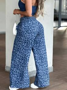 Women's Spring/Autumn New Casual Loose Straight Leg Pants, Digital Leopard Print, Versatile Daily Wear - Blue - View 2