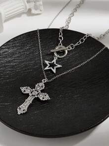 2 chiếc vòng cổ mặt dây chuyền hình thánh giá và ngôi sao phong cách Gothic Retro Rock dành cho nữ - Bạc - Xem 6