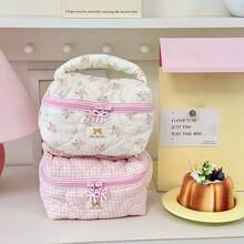 1pc Multi-Color INS Style Versatile Pouch, Plaid & Floral Patchwork Heart Design, Bow Decor Zipper Closure, Casual Foldable Lightweight Carry-On Bag, Cosmetic Organizer, Jewelry Storage Pouch, Multi-Functional Women's Toiletry Bag - Multicolor - View 10