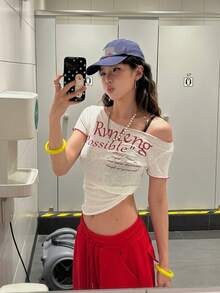美式性感短版上衣 藍白輕量短袖 T-shirt，修身不對稱露肩罩衫 女款夏季款 - 白色 - 查看 3