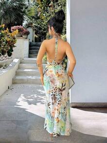 xheVassilux Vestido de vacaciones elegante y ajustado con estampado floral de leopardo y cuentas, adecuado para vacaciones en la playa, vestido maxi de vacaciones, vestido de playa, vestido sin espalda, fiesta de primavera/veranoxhe - verde menta - Ver 2