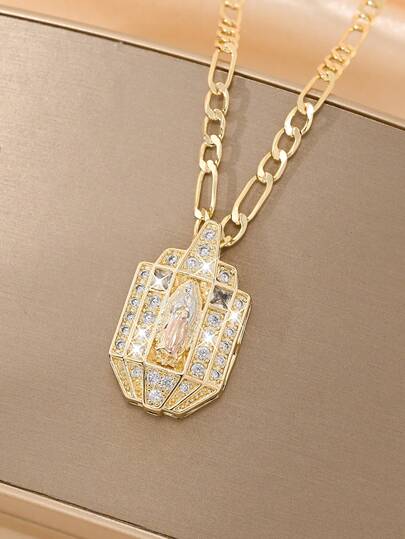  1pc Classic European & American Copper Inlaid Irregular Zirconia Pendant Necklace, Hand-Painted Colorful Guadalupe Virgin Mary Protective Light Limited Edition, Suitable For Christmas/Thanksgiving/Halloween/Mother's/Valentine's Day Gifts, Catholic First Communion, Daily & Festival Wear, Prayer