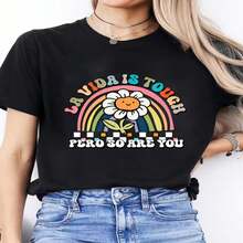 1 pieza de  playera para hombre y mujer, 100% algodón puro, cuello redondo casual con estampado, manga corta transpirable para uso diario, con dise?o de flores arcoíris - Negro - Ver 2