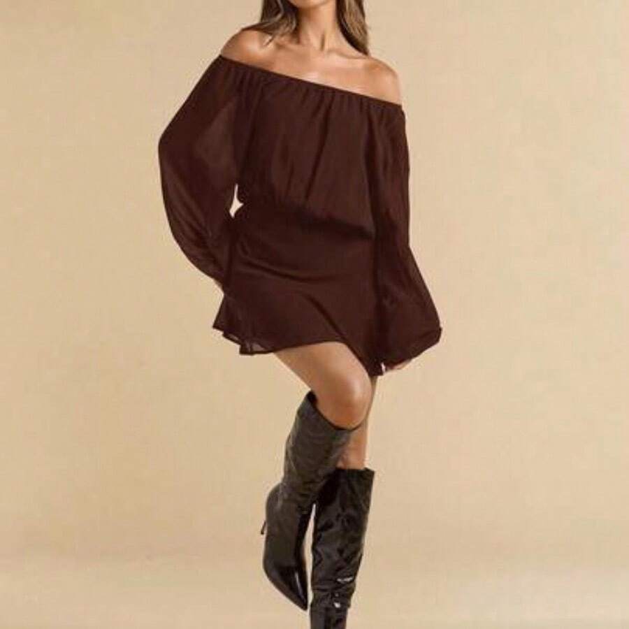 Vestido corto y mini de gasa negra sólido con cuello asimétrico, mangas farol sueltas para mujer, vestido de gasa para vacaciones - Café integral - Ver 1