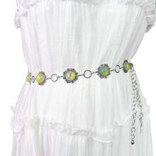 1pc Embellished Gemstone Carved Metal Waist Chain, Suitable For Dresses And Skirts, Bohemian Style - Yellow - View 1